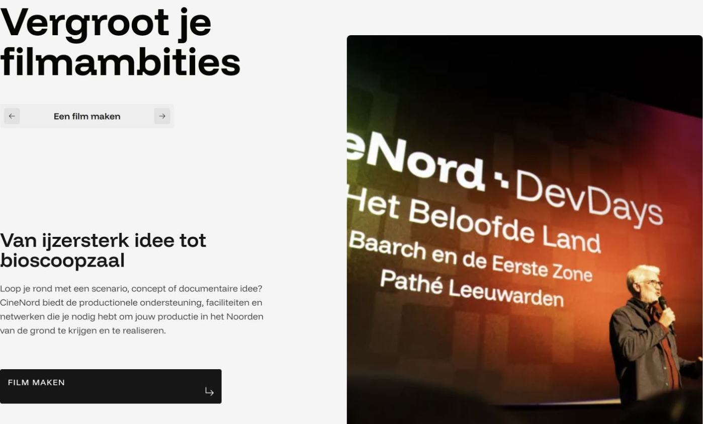 Vergroot je filmambities: informatie over ondersteuning bij het maken van een film, naast een foto van CineNord DevDays.