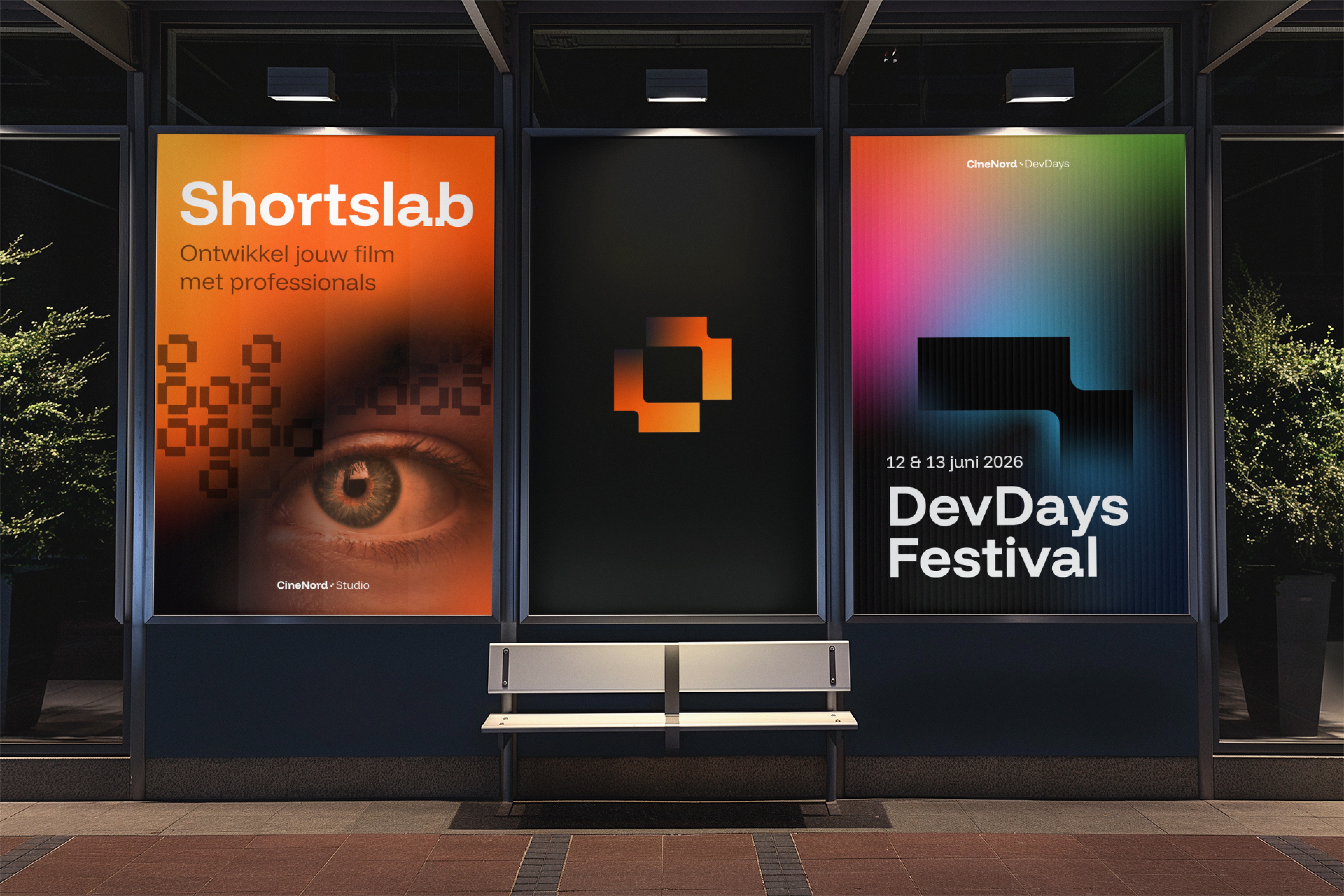 Posterontwerpen voor CineNord Studio en DevDays, met het Director’s Frame als gezamenlijk beeldmerk.