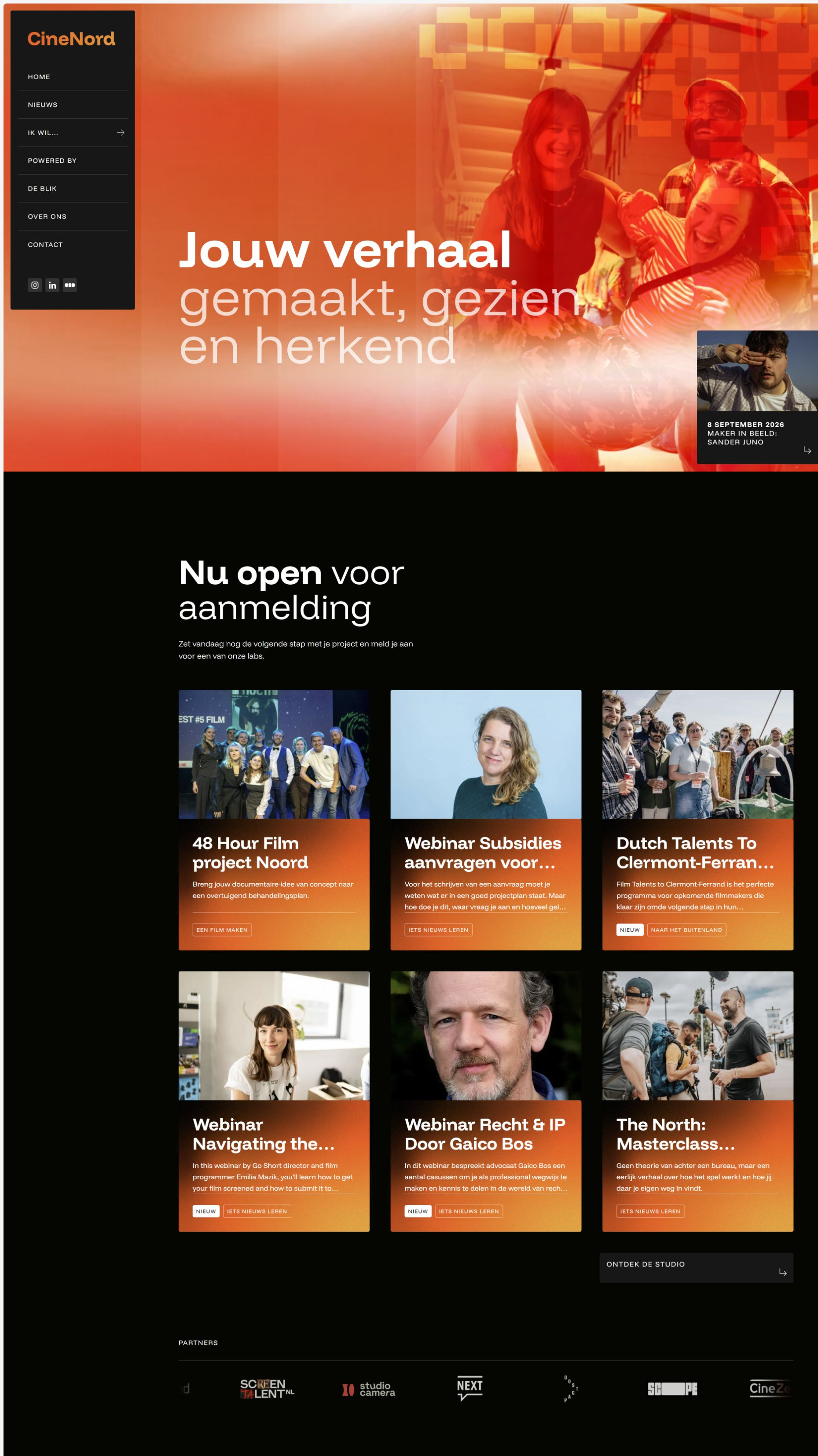 De actuele homepage van CineNord met de boodschap Jouw verhaal gemaakt, gezien en herkend.