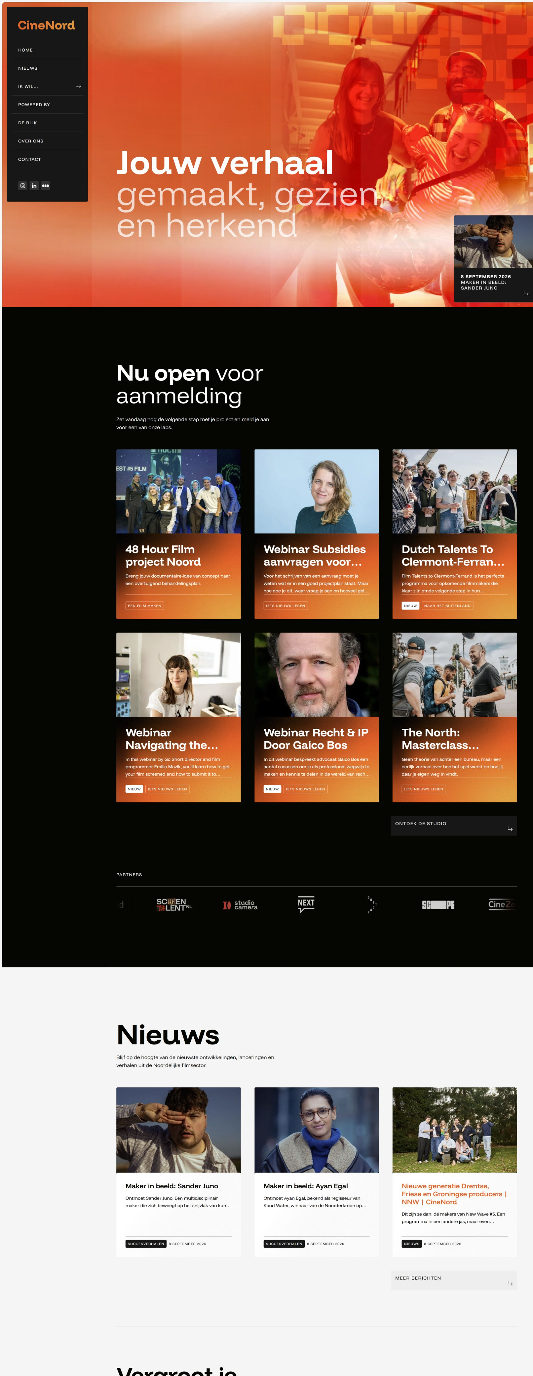De homepage van CineNord, met een filmbeeld, activiteiten en verhalen voor filmmakers.